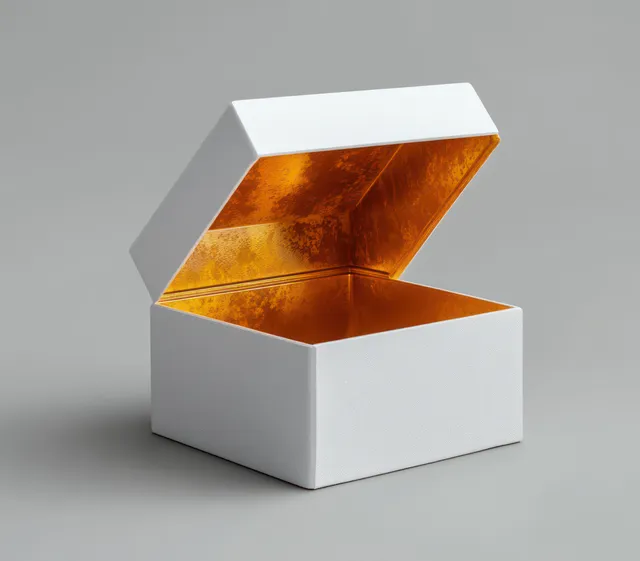 An open white box reveals a golden interior on a gray background under soft light.