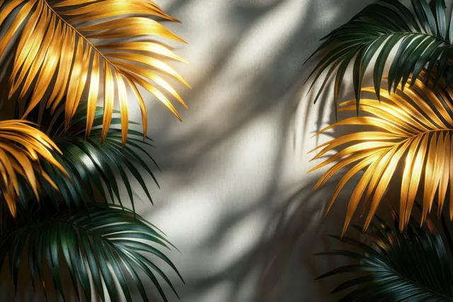 Golden and dark green palm fronds cast sharp shadows on a textured indoor wall