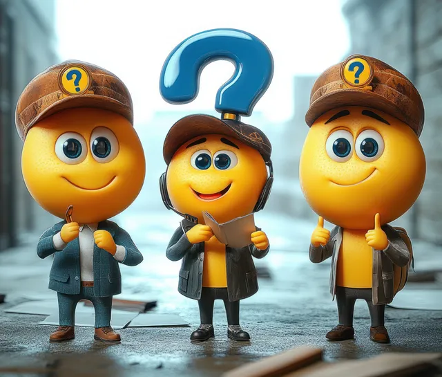 Three smiling emoji detective characters in an urban alley wear question-mark badges, one holding a book with a blue question mark above.
