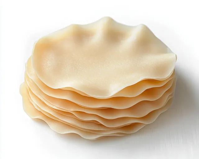 Stack of thin, ruffled dough sheets on a white surface.
