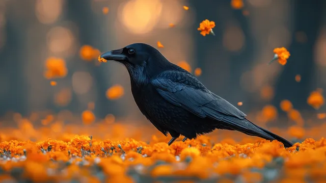 Black crow eating grains on orange marigolds with soft glowing bokeh light