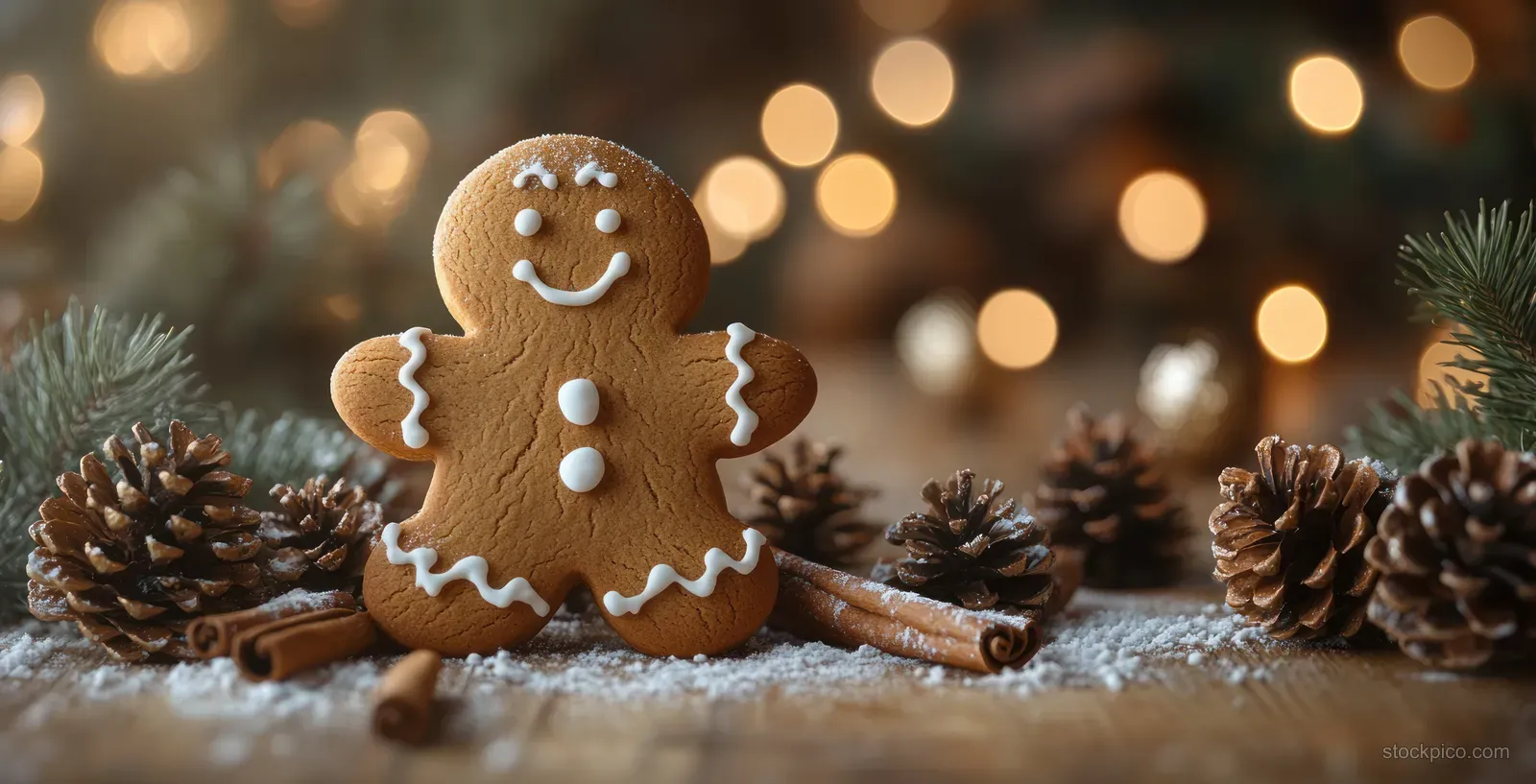 A gingerbread man cookie rests on snowy wood beside pine cones with warm holiday lights blurred behind.