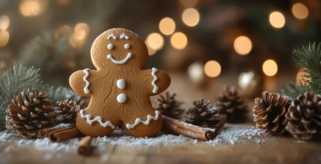 A gingerbread man cookie rests on snowy wood beside pine cones with warm holiday lights blurred behind.