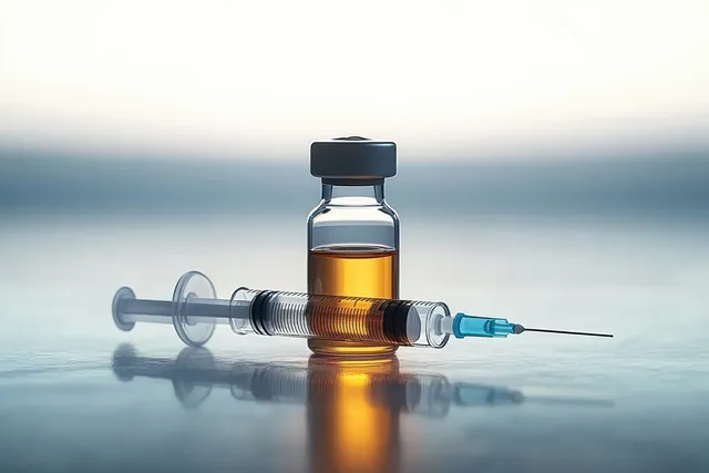 Vaccine vial and syringe with needles on a reflective laboratory surface under soft blue lighting.