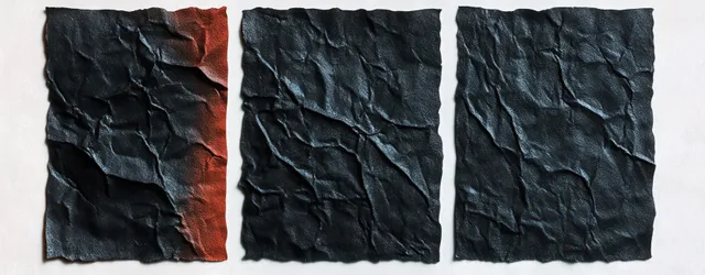 Three crumpled black paper squares with red gradient edge highlight on white background