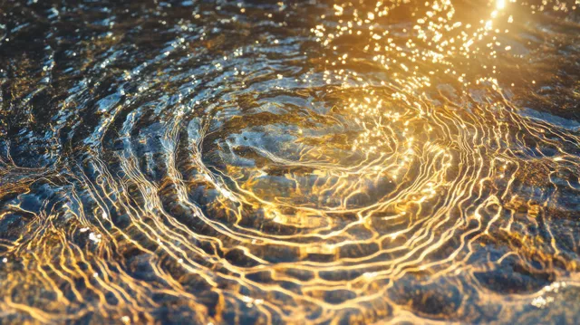 Concentric water ripples shimmer under golden sunlight across a textured water surface.