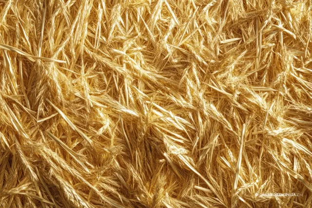Close-up of golden straw with overlapping layers and warm sunlit texture ripples.