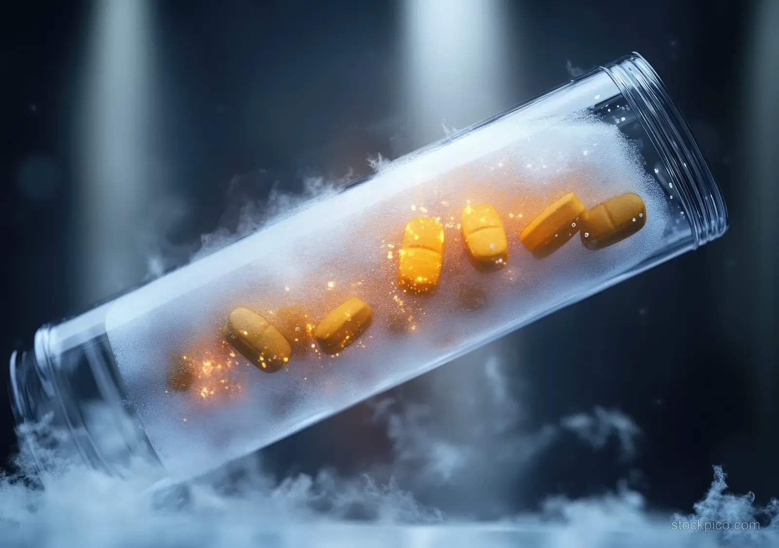 Glowing yellow capsules inside a clear glass cylinder amid blue lab mist and soft light.