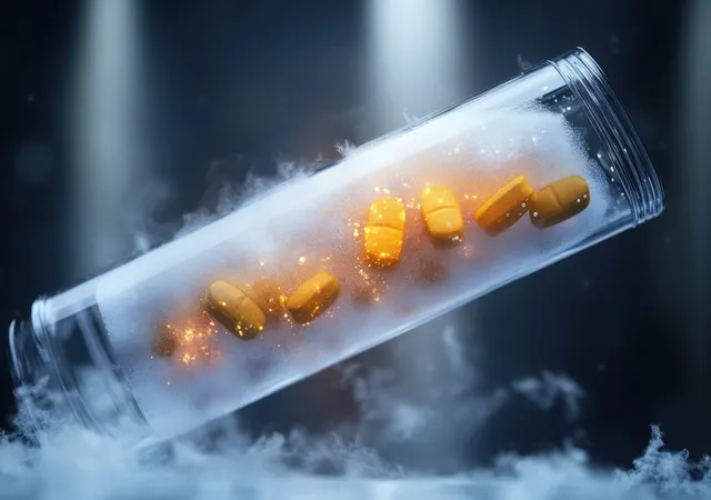 Glowing yellow capsules floating inside a transparent cylinder under blue lab mist with Care And Recovery