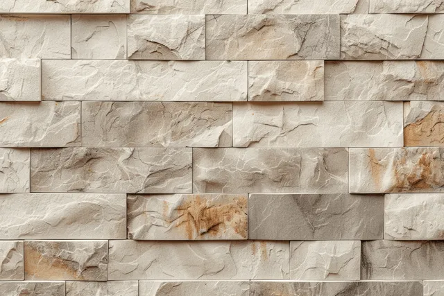 Close-up of a beige chiseled stone block wall texture with visible seams and limestone color variation.