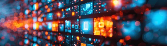 Glowing digital grid with blurred media icons and padlock symbols indicating encrypted content protection.