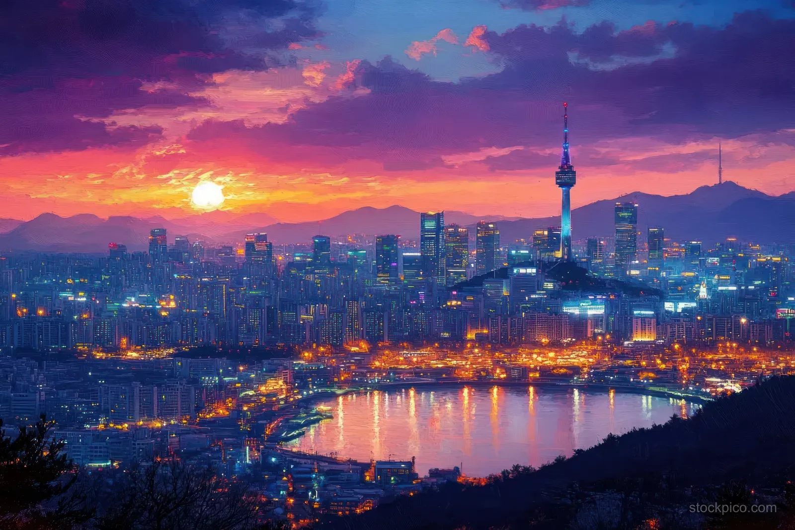 Seoul skyline at twilight with Namsan Tower illuminated above the river and surrounding skyscrapers.