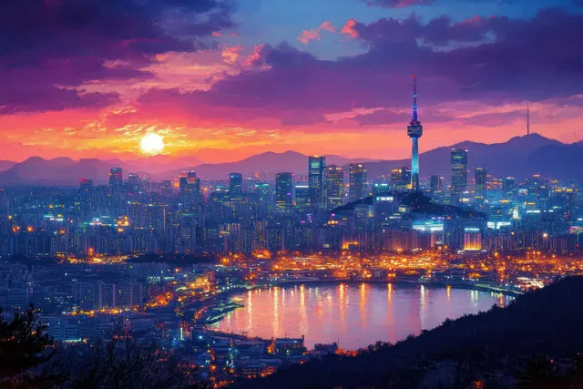 Seoul skyline at twilight with Namsan Tower illuminated above the river and surrounding skyscrapers.