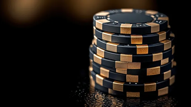 Black and gold poker chip stack with dramatic highlights on a dark casino background
