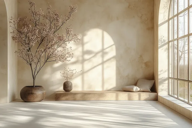 Peach beige minimalist studio interior with a sunlit window, soft shadows, an empty concrete floor, and a small potted tree.