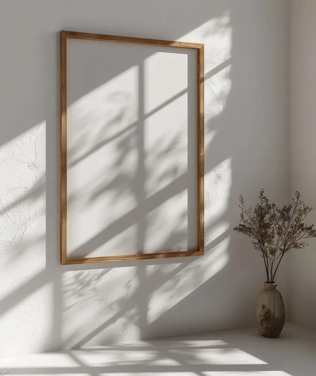 3D vertical wooden photo frame mockup on white wall with window shadow