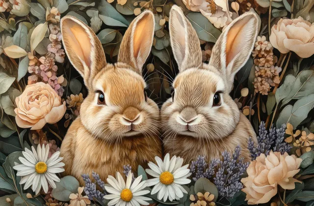 Two watercolor Easter bunnies nestled in a spring floral wreath with daisies, leaves, and gentle color accents.