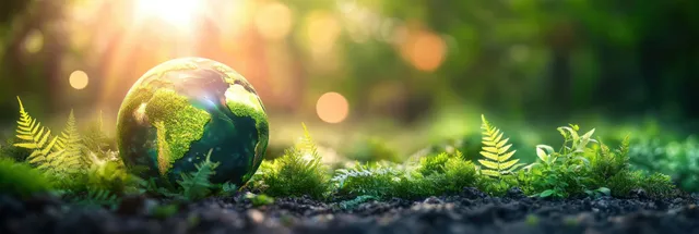 A translucent green Earth globe rests on moss near ferns, glowing with warm sunlight bokeh in a forest.