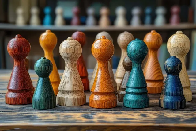 Colorful wooden chess pawns lined on a rustic board with visible wood grain and blurred figures in the background.