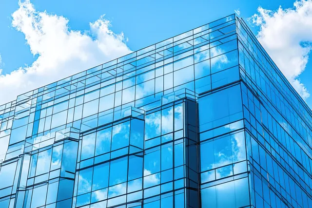 A modern glass office building facade reflects blue sky and white clouds across crisp window panel lines.
