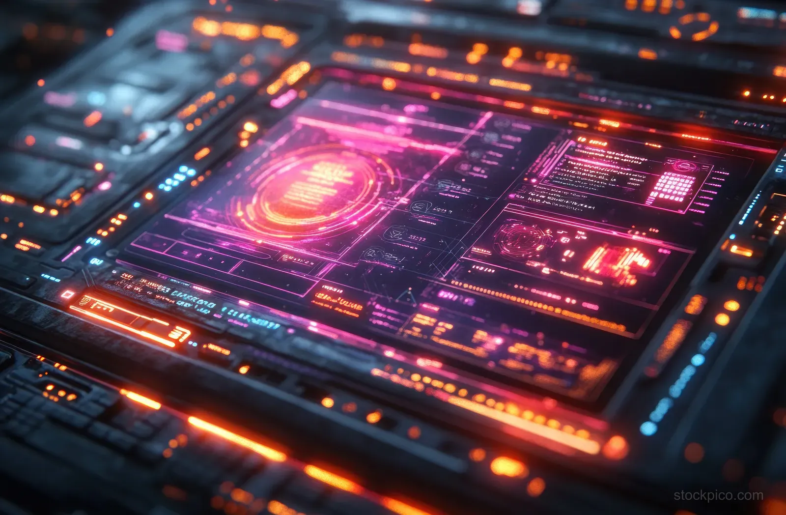 A tablet displays a cybersecurity warning with holographic visuals and neon elements focused on business data protection.