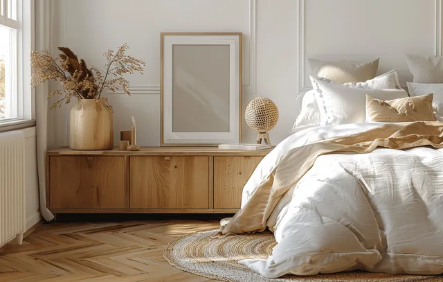 Sunlit minimalist coastal bedroom with white bedding, a wooden bedside table, and a framed wall mockup.