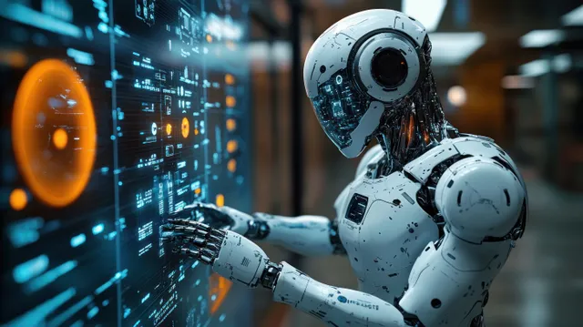 Humanoid medical robot points at holographic diagnostics screen in futuristic hospital