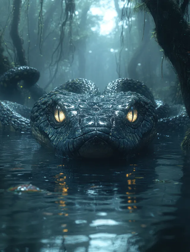 A multi-headed hydra emerges from misty swamp water under moody beams of light.