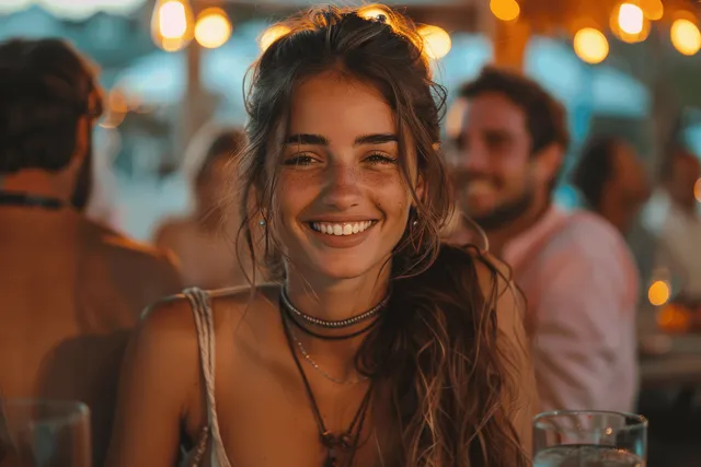 Smiling young brunette woman at outdoor evening gathering with warm string lights