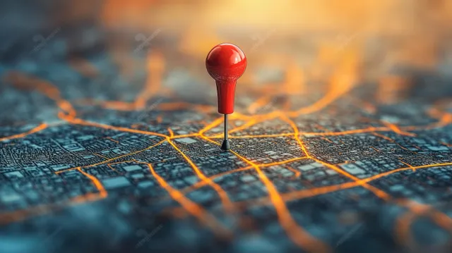 Red pushpin is stuck on a city map with glowing route lines across roads in close-up.