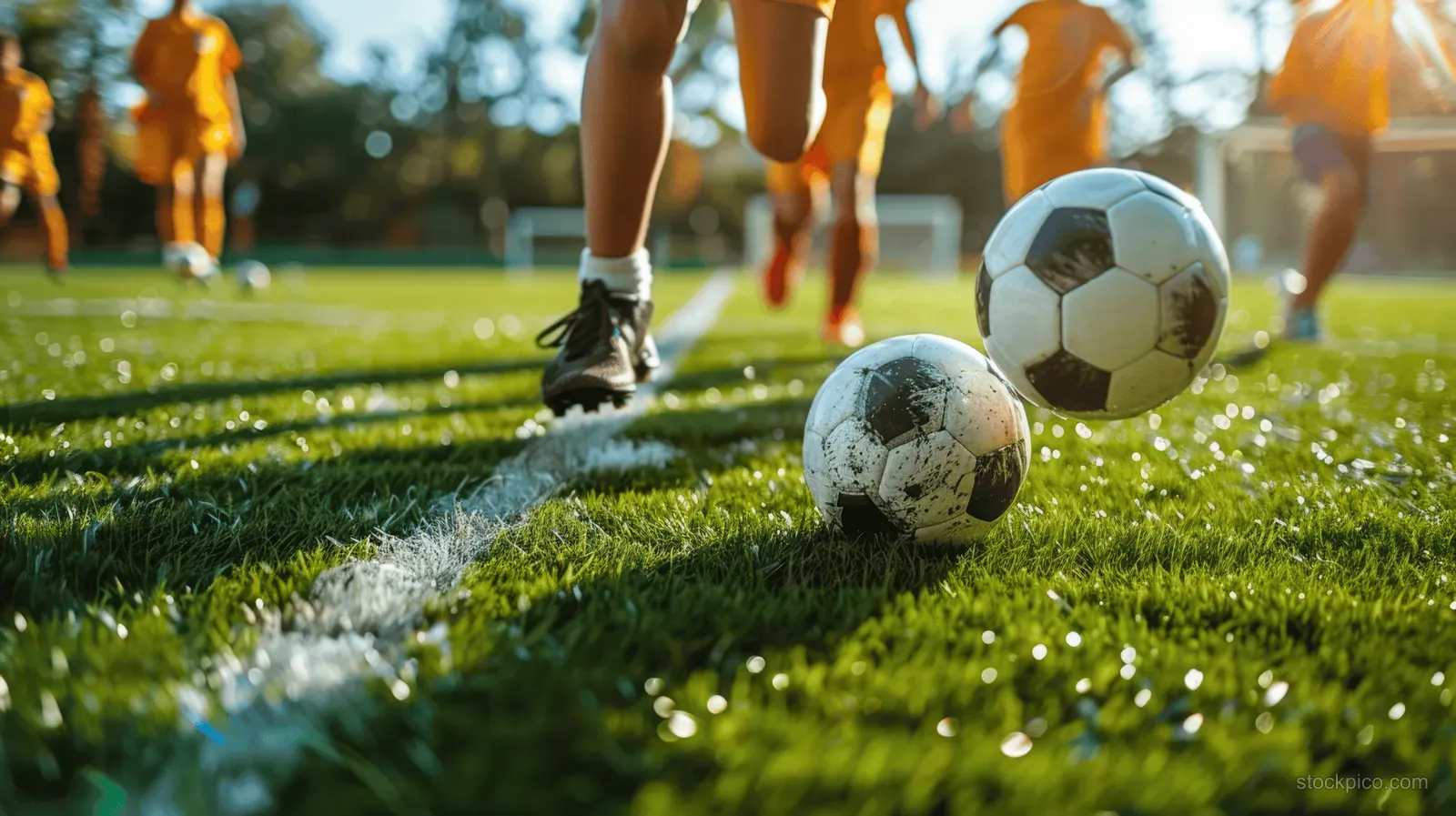 Kids in yellow soccer uniforms play on green grass as multiple balls roll near the foreground.