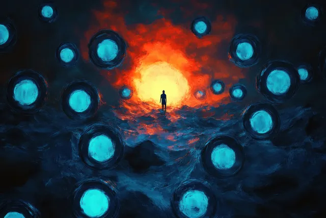 A lone silhouetted figure stands on turbulent dark water under a fiery red-orange sky with floating blue orbs.