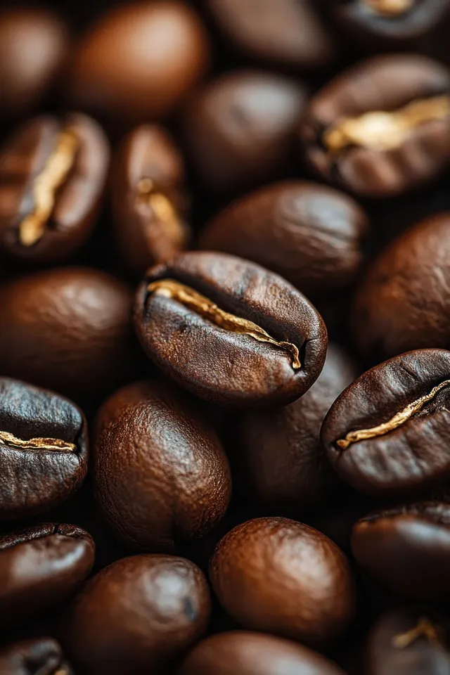 Close-up roasted coffee beans with glossy texture and swirling bean patterns