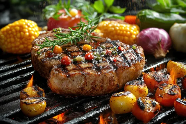 A juicy steak sizzles on a grill with charred vegetables and scattered spices and herbs.