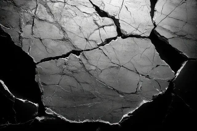 Close-up cracked black stone with sharp fracture lines and stark light shadows