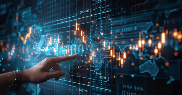 A business hand points at a virtual screen showing glowing candlestick stock charts on a digital data grid.