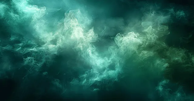 Green and blue smoke swirls through a dark background with faint volumetric light rays.