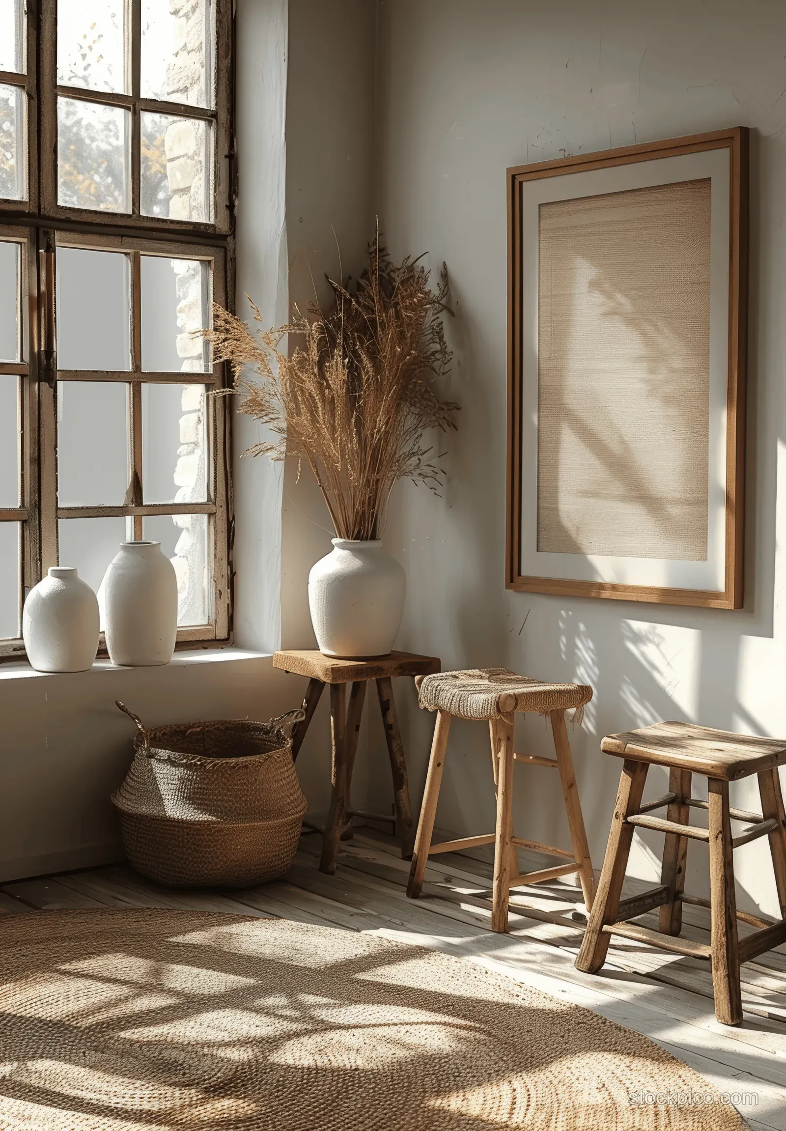 Empty wooden picture frames lean on a wall beside neutral decor, stools, and a sunlit side table.