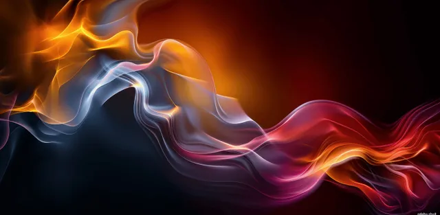 Glowing orange, blue, and red smoke waves drift across a dark abstract background.