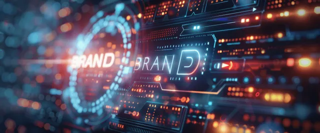 Glowing brand letters and identity icons float over a futuristic circuit dashboard background.