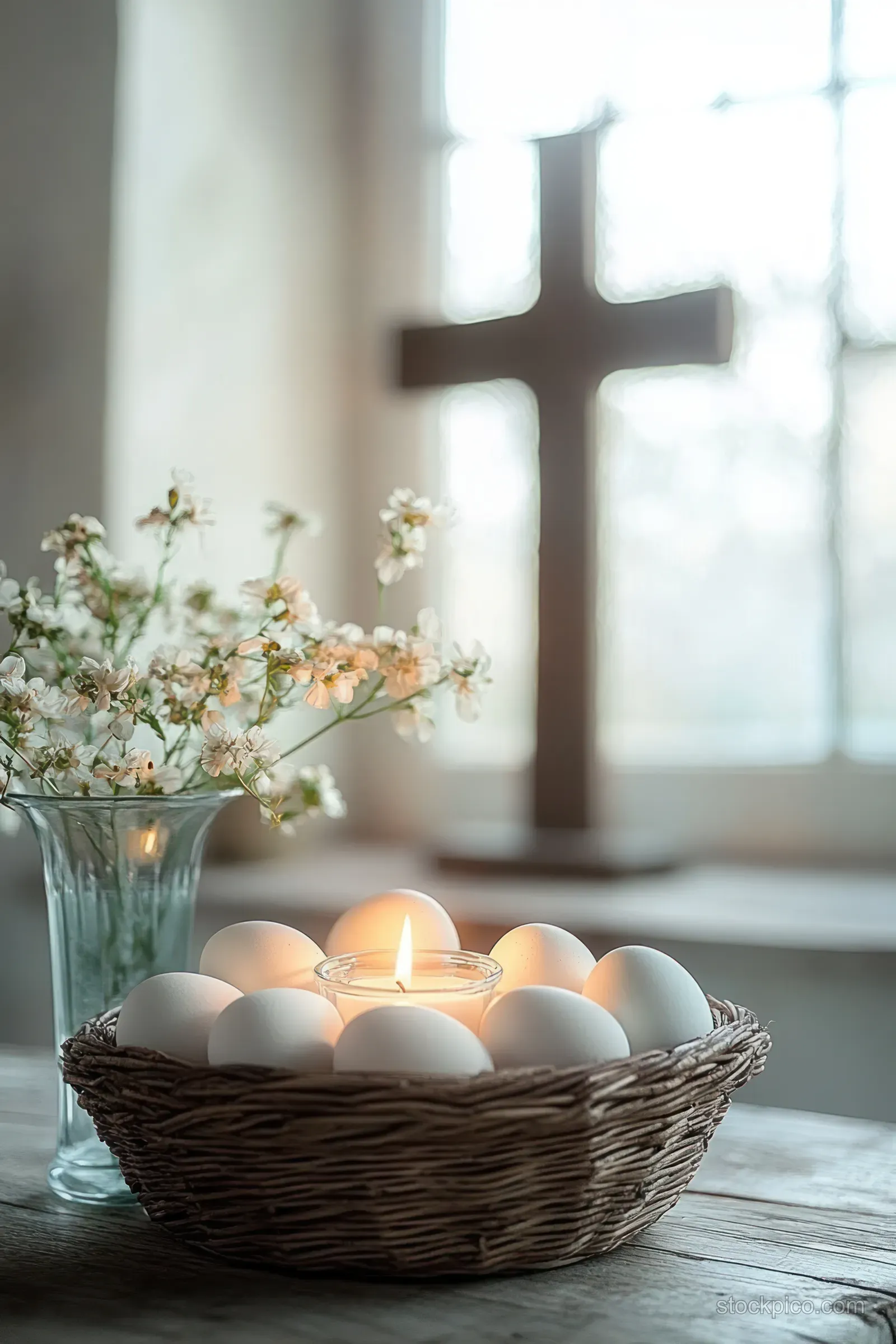 White eggs in a wicker basket with a lit candle and a vase of white flowers, with a blurred cross and window behind.