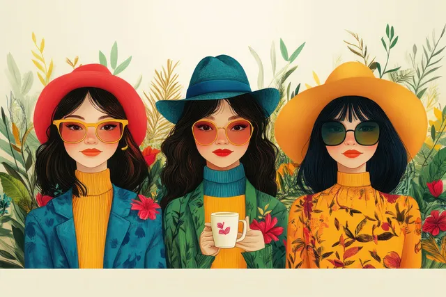 Three friends taking a cheerful coffee selfie in a whimsical garden cartoon background