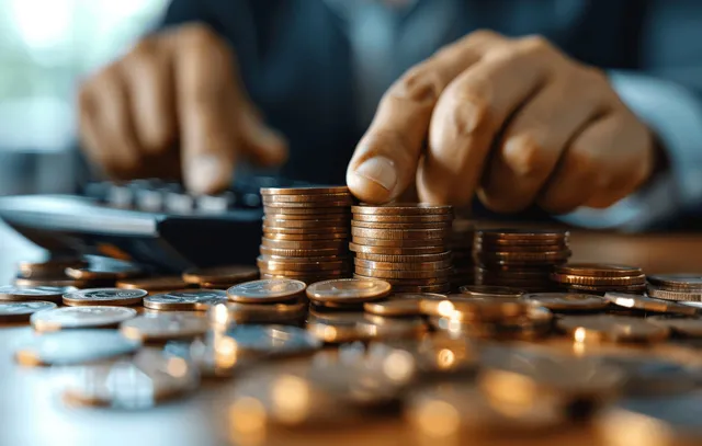Businessman’s hands stack coins while reviewing investment risk with financial documents