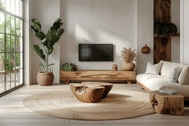 Bright Scandinavian living room with white walls, large window, soft sofa, TV unit, and natural wood log-stump table.