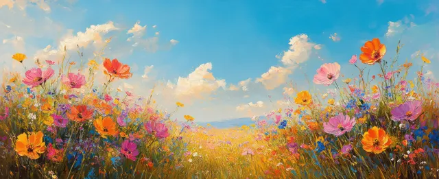 Colorful wildflowers in a sunlit meadow stretch under a bright blue sky with textured impressionist brushstrokes.