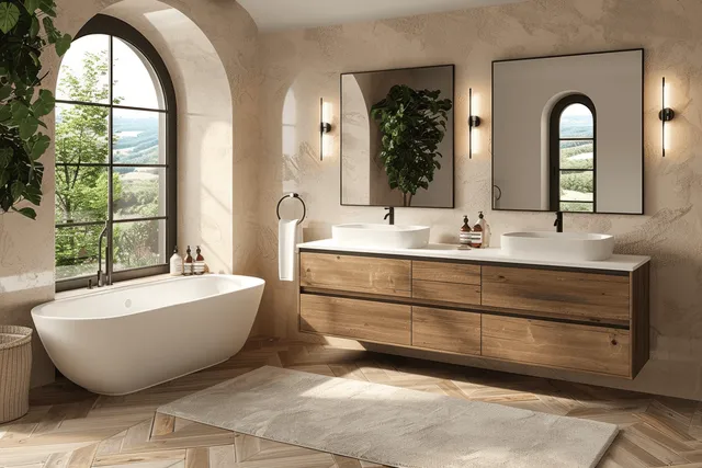 Sunlit modern bathroom showing a freestanding bathtub, wooden vanity with two vessel sinks, arched windows, and herringbone tile floor.