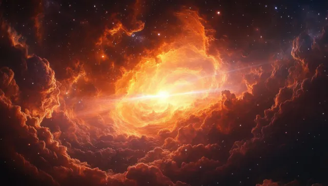 Swirling orange and red cosmic nebula clouds glow around a bright radiant center with distant stars in deep space.