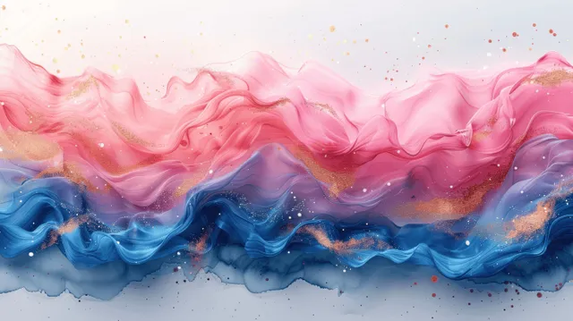 Pink and blue watercolor liquid waves with gold-like shimmer and small splashes on a soft abstract background.