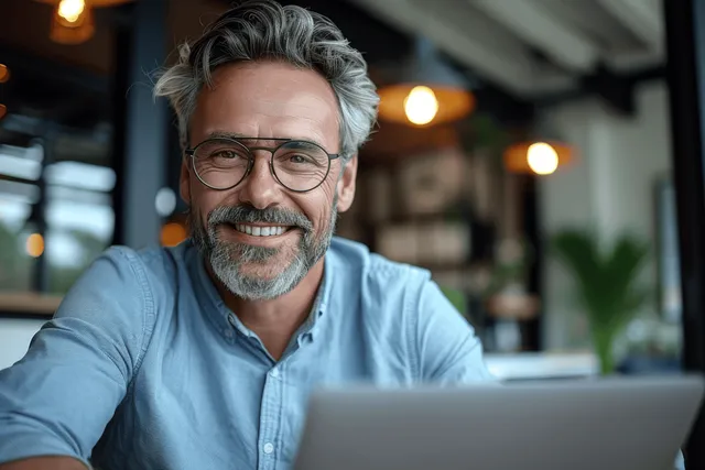 Smiling gray-haired man with glasses and beard in a blue shirt leans toward a laptop inside a modern office.