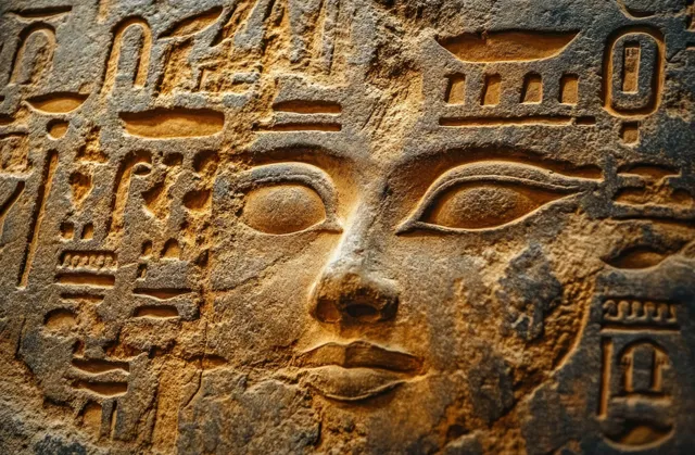 Weathered stone wall filled with carved Egyptian hieroglyphs surrounding an empty center space.